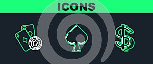 Set line Dollar symbol, Casino chip and playing cards and Playing with spades icon. Vector