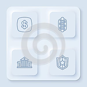 Set line Dollar symbol, Hotdog sandwich, White House and Shield with stars. White square button. Vector