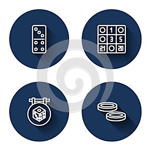 Set line Domino, Bingo card, Game dice and Checker game chips with long shadow. Blue circle button. Vector