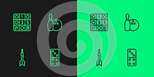 Set line Domino, Dart arrow, Bingo card and Bowling pin and ball icon. Vector