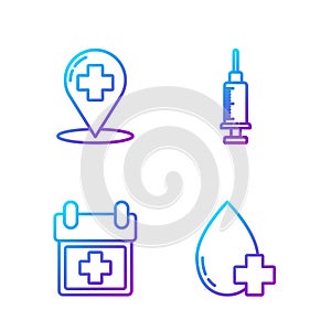 Set line Donate drop blood with cross, Doctor appointment, Map pointer with cross hospital and Syringe. Gradient color
