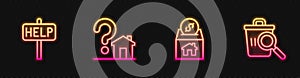 Set line Donation and charity, Ask for help text, House with question mark and Searching food. Glowing neon icon. Vector