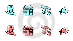 Set line Donation and charity, Book donation, Gift box and Megaphone icon. Vector