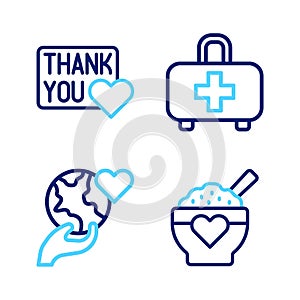 Set line Donation food, Hand holding Earth globe, First aid kit and Thank you with heart icon. Vector