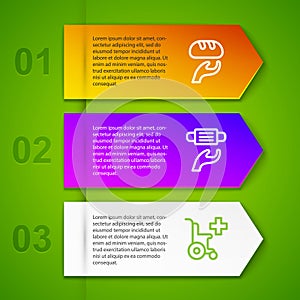 Set line Donation food, Medical protective mask and Wheelchair for disabled person. Business infographic template