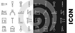 Set line Drawing compass, Clamp tool, Folding ruler, Pincers and pliers, Pliers, Construction stapler, Hand saw and Wood