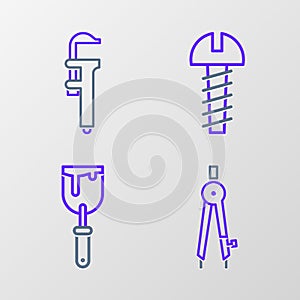 Set line Drawing compass, Putty knife, Metallic screw and Calliper or caliper and scale icon. Vector