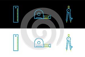 Set line Drawing compass, Ruler and Roulette construction icon. Vector