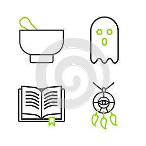 Set line Dream catcher with feathers, Ancient magic book, Ghost and Magic mortar and pestle icon. Vector