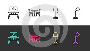 Set line Dressing table, Table with chair, Floor lamp and on black and white. Vector