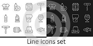 Set line Dried fish, Glass of beer, Wooden barrel, Bottle opener, Plastic bottle, Beer T-shirt, belly and icon. Vector