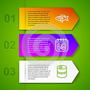 Set line Dried fish, Saint Patricks day calendar and Metal beer keg. Business infographic template. Vector