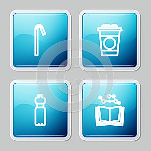 Set line Drinking plastic straw, Paper glass, Bottle of water and Open book icon. Vector