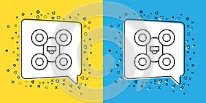 Set line Drone flying icon isolated on yellow and blue background. Quadrocopter with video and photo camera symbol