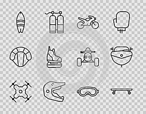 Set line Drone flying, Longboard or skateboard, Motorcycle, Motocross motorcycle helmet, Surfboard, Skates, Ski goggles
