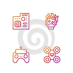 Set line Drone, Remote control, Motherboard digital chip and Robot burned out. Gradient color icons. Vector