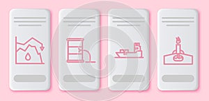 Set line Drop in crude oil price, Barrel oil leak, Oil tanker ship and Oil rig with fire. White rectangle button. Vector