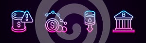 Set line Drop in crude oil price, Dollar rate decrease, and Bank building. Glowing neon icon. Vector