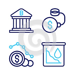Set line Drop in crude oil price, Dollar rate decrease, Debt ball chained to coin and Bank building icon. Vector