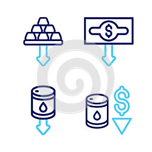 Set line Drop in crude oil price, Dollar rate decrease and Gold bars icon. Vector