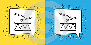 Set line Drum with drum sticks icon isolated on yellow and blue background. Music sign. Musical instrument symbol