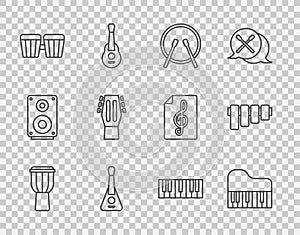 Set line Drum, Grand piano, drum sticks, Guitar, Music synthesizer and Pan flute icon. Vector