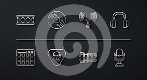 Set line Drum, machine, Headphones, Xylophone, Guitar pick, Vinyl disk, Microphone and Musical tuning fork icon. Vector