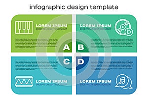 Set line Drum, Music synthesizer, Musical note in speech bubble and Vinyl disk. Business infographic template. Vector