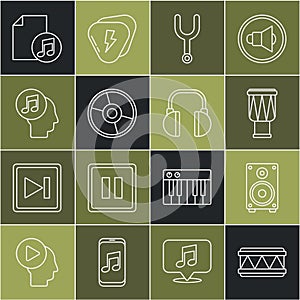 Set line Drum, Stereo speaker, Musical tuning fork, CD DVD disk, note human head, book with and Headphones icon. Vector