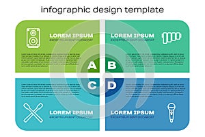 Set line Drum sticks, Stereo speaker, Microphone and Pan flute. Business infographic template. Vector