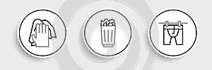 Set line Drying clothes, Cleaning service and Full trash can icon. Vector