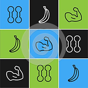 Set line Dumbbell, Bodybuilder muscle and Banana icon. Vector