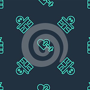 Set line Dumbbell with heart, Gym building and Punching bag on seamless pattern. Vector