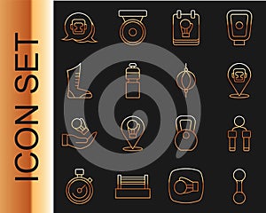 Set line Dumbbell, Jump rope, Boxing helmet, glove, Fitness shaker, Sport boxing shoes, and Punching bag icon. Vector