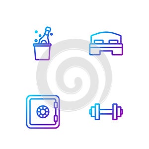 Set line Dumbbell, Safe, Bottle of champagne and Hotel room bed. Gradient color icons. Vector