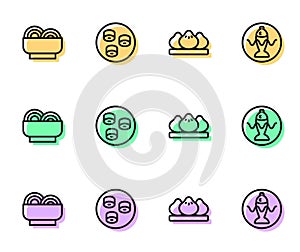 Set line Dumpling, Asian noodles bowl, Sushi and Served fish on plate icon. Vector