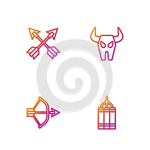 Set line Dynamite bomb, Bow and arrow in quiver, Crossed arrows and Buffalo skull. Gradient color icons. Vector