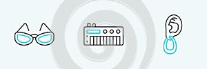 Set line Ear with earring, Glasses and Music synthesizer icon. Vector