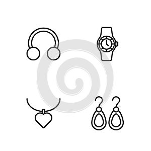 Set line Earrings, Necklace with heart shaped, Piercing and Wrist watch icon. Vector