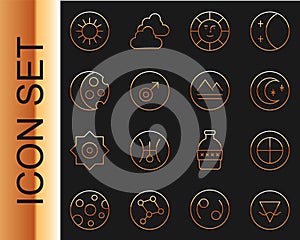 Set line Earth element, globe, Moon and stars, Sun, Mars symbol, Eclipse of the sun, and icon. Vector