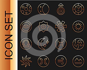 Set line Earth element, globe, Sun, Symbol Uranus, Falling star, Medallion with eye, Full moon and icon. Vector