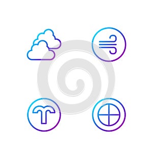 Set line Earth globe, Aries zodiac, Cloudy weather and Windy. Gradient color icons. Vector