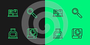 Set line Earth globe and book, Inkwell, Open and Magnifying glass icon. Vector