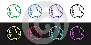 Set line Earth globe icon isolated on black and white background. World or Earth sign. Global internet symbol. Geometric