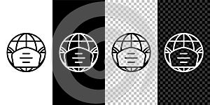 Set line Earth globe with medical mask icon isolated on black and white background. Vector.