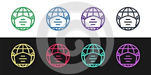 Set line Earth globe with medical mask icon isolated on black and white background. Vector.