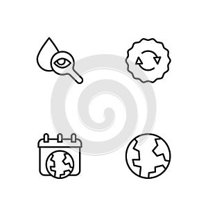 Set line Earth globe, World day, Drop and magnifying glass and Recycle symbol icon. Vector