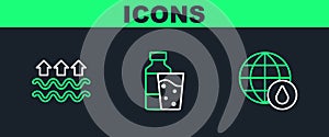 Set line Earth planet in water drop, Waves of and evaporation and Bottle with glass icon. Vector