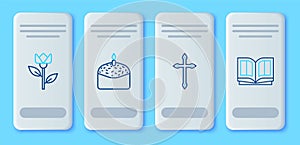 Set line Easter cake and candle, Christian cross, Flower tulip and Holy bible book icon. Vector