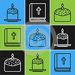 Set line Easter cake and candle, Easter cake and candle and Holy bible book icon. Vector
